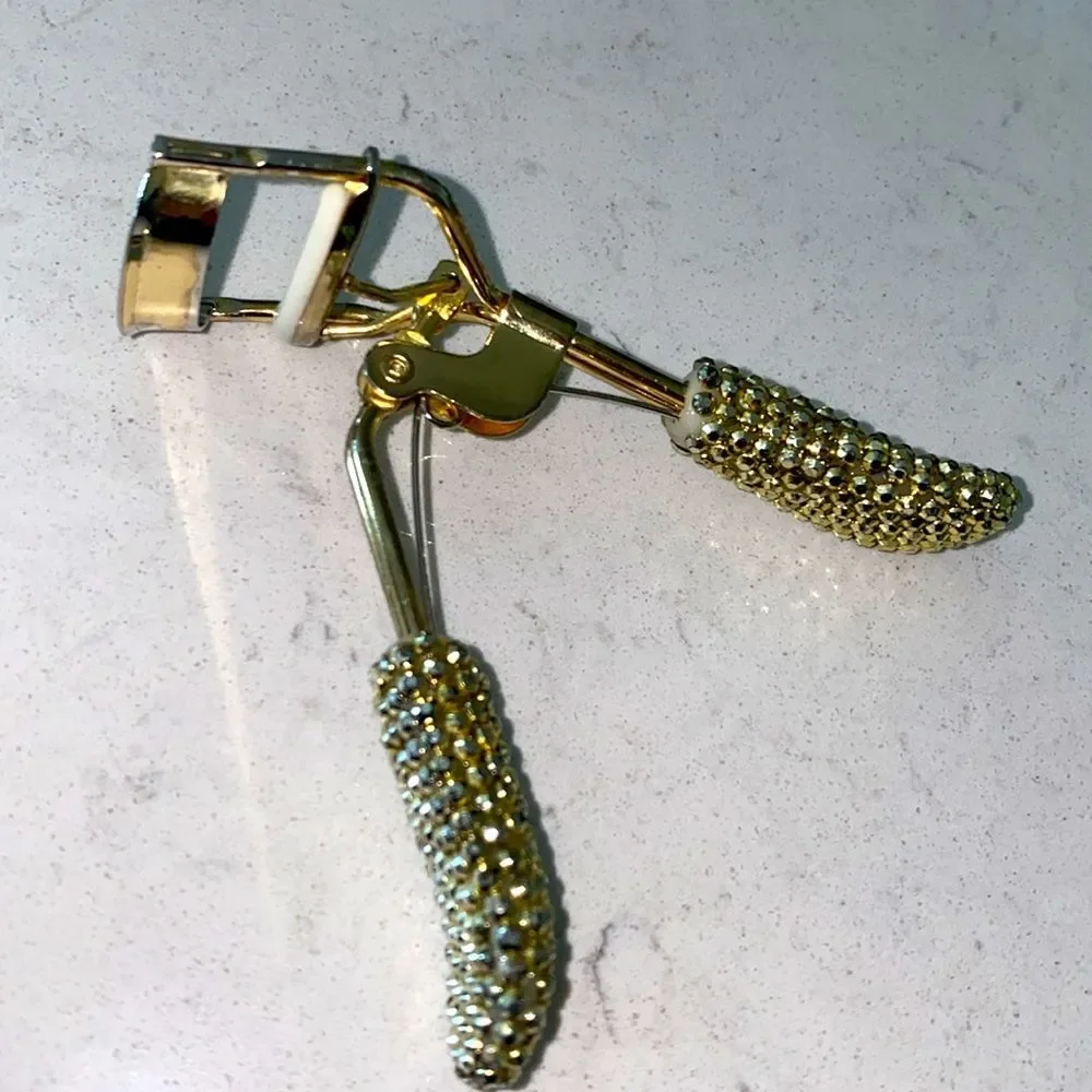 Gold Tone Rhinestone Crystal Embellished Eyelash Curler Glam Beauty Tool